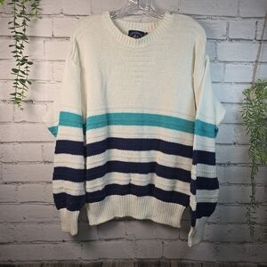 MENS BOAT HOUSE ROW CHUNKY COTTON CREW NECK SWEATER CREAMY WHITE BLUE GREEN MED